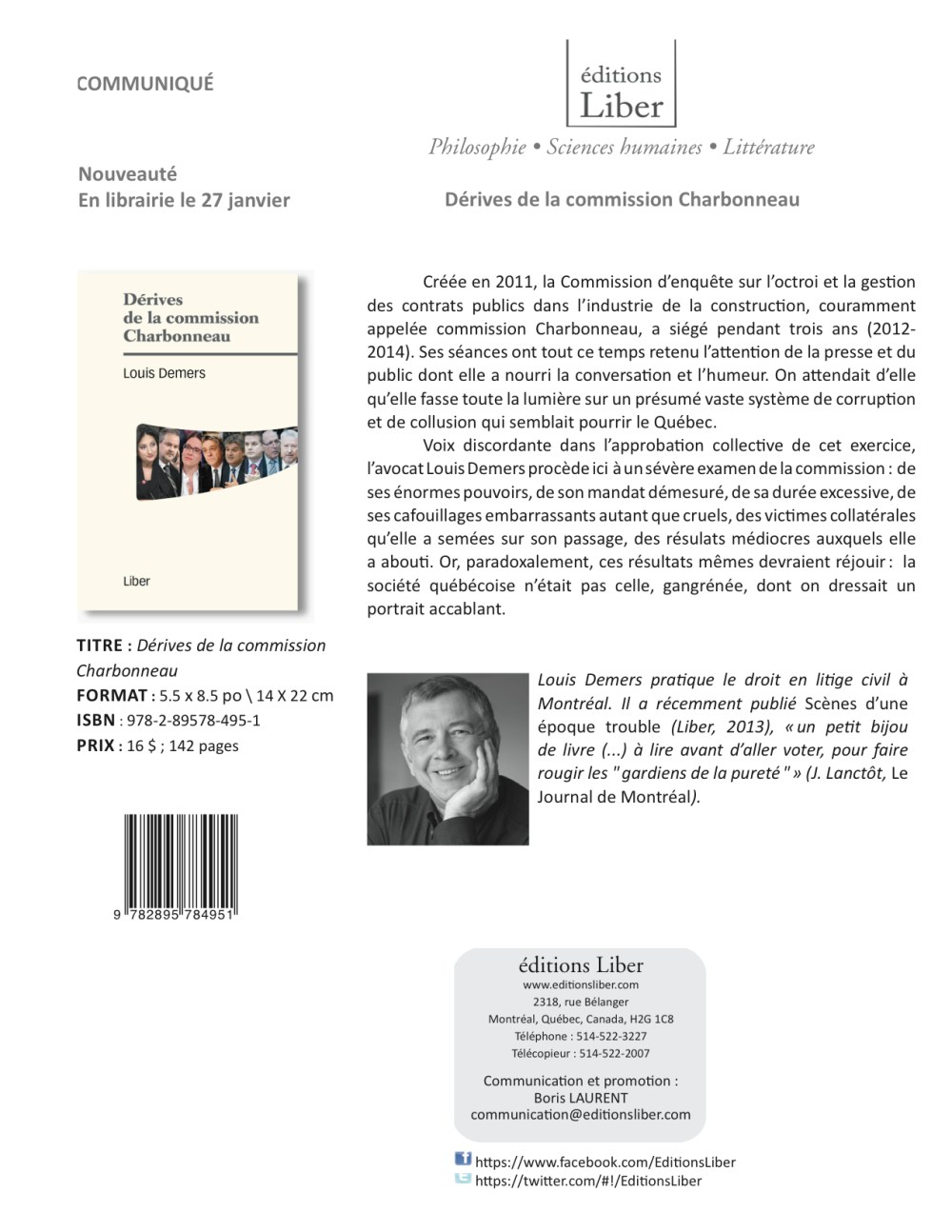 Nouvelle publication de Louis Demers chez les Éditions Liber: Dérives de la commission Charbonneau